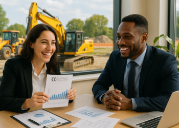 two people sat at an office desk discussing business refinance