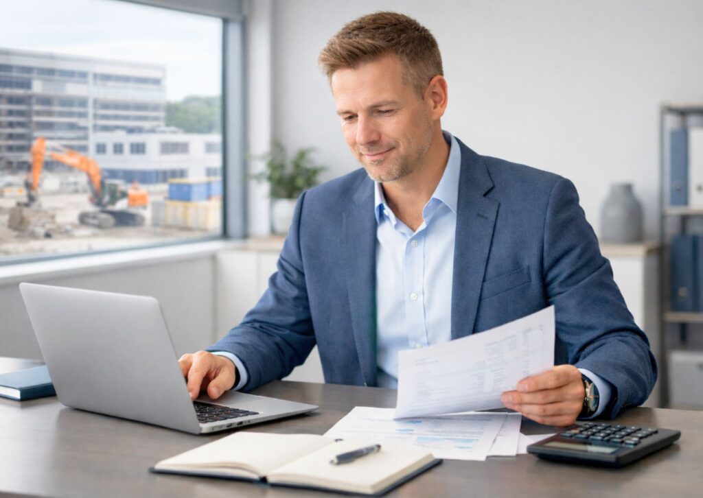 man sat in office with a construction site in view out of the window