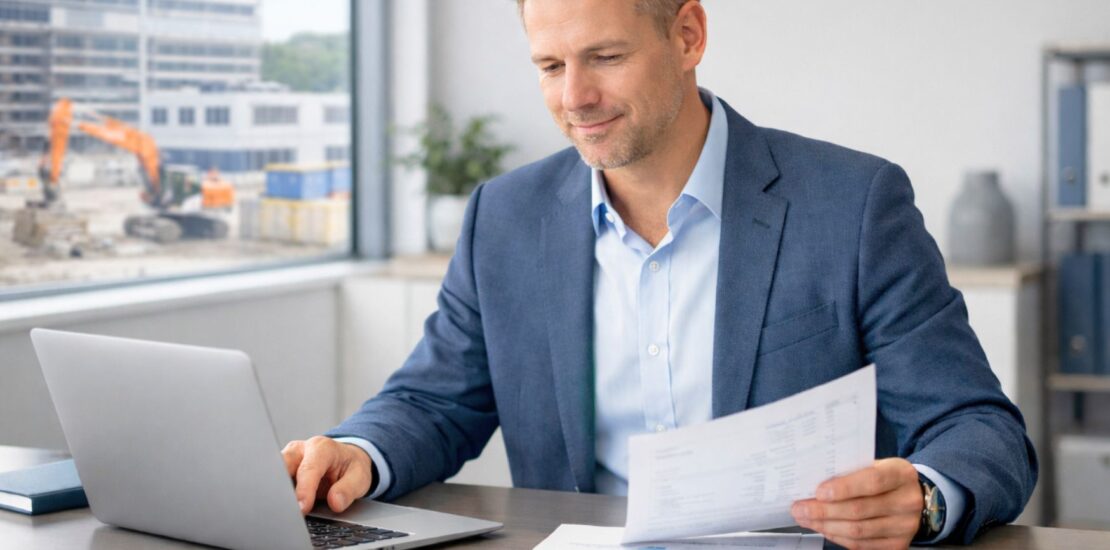 man sat in office with a construction site in view out of the window