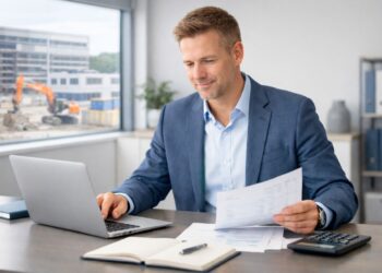 man sat in office with a construction site in view out of the window