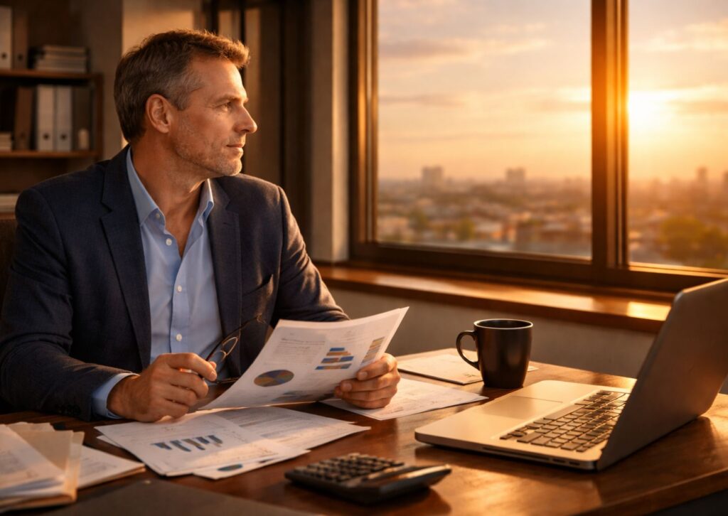 SME business owner reviewing finances in office at sunset before year-end planning