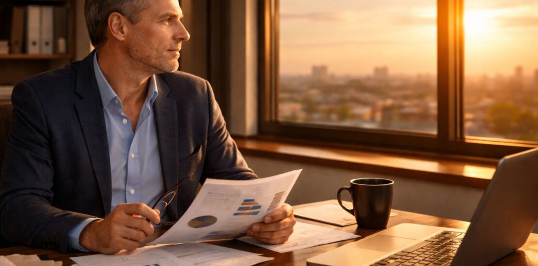SME business owner reviewing finances in office at sunset before year-end planning
