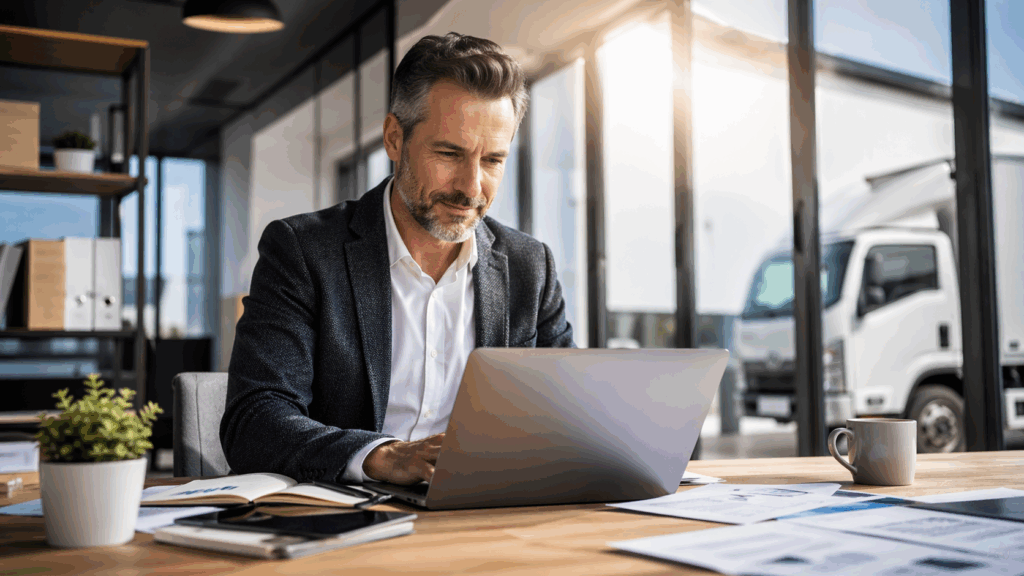 man in office with assets in the background out of the window