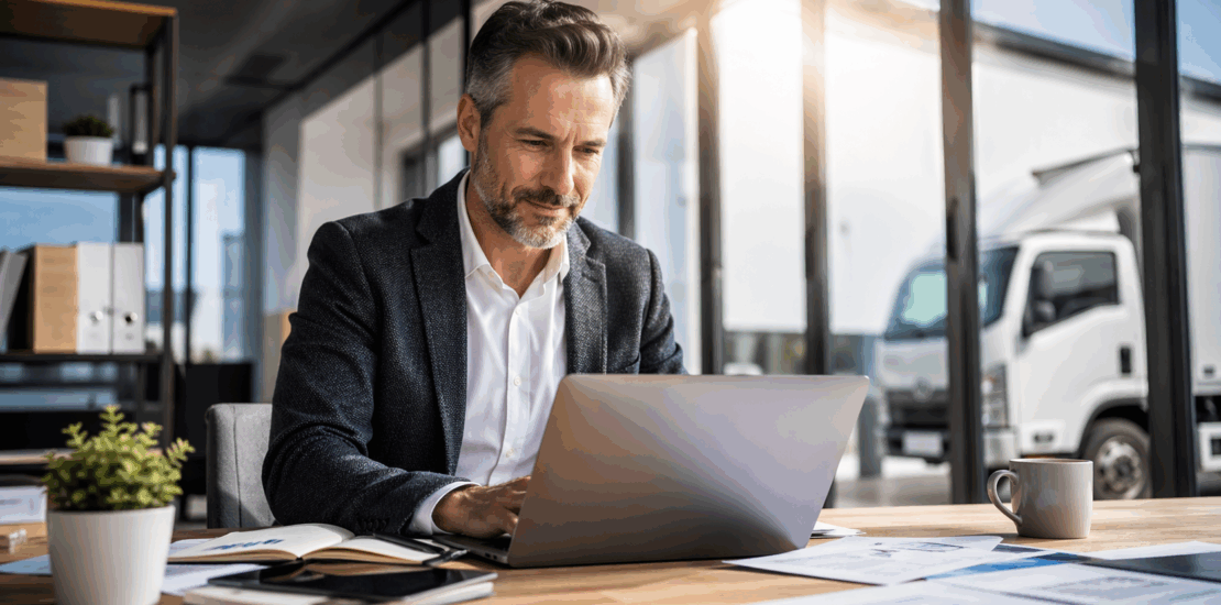 man in office with assets in the background out of the window