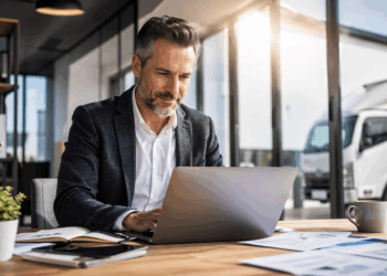 man in office with assets in the background out of the window