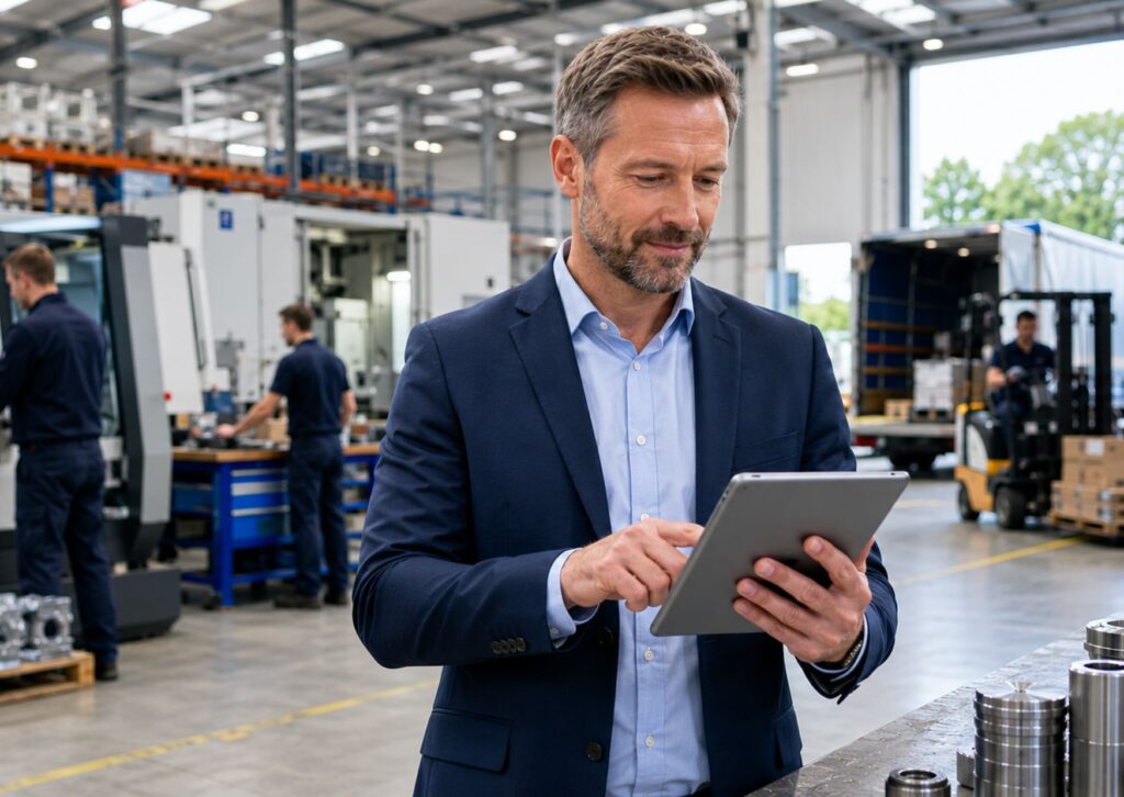 UK business owner reviewing growth plans in a busy commercial environment with equipment and staff supporting business expansion.