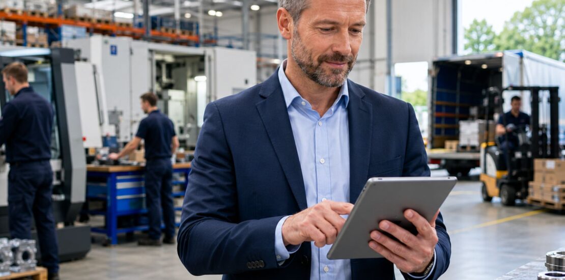 UK business owner reviewing growth plans in a busy commercial environment with equipment and staff supporting business expansion.