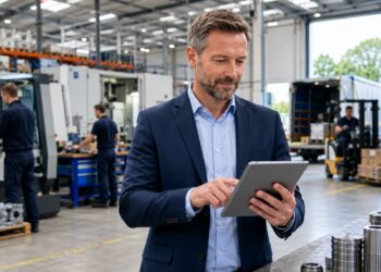 UK business owner reviewing growth plans in a busy commercial environment with equipment and staff supporting business expansion.