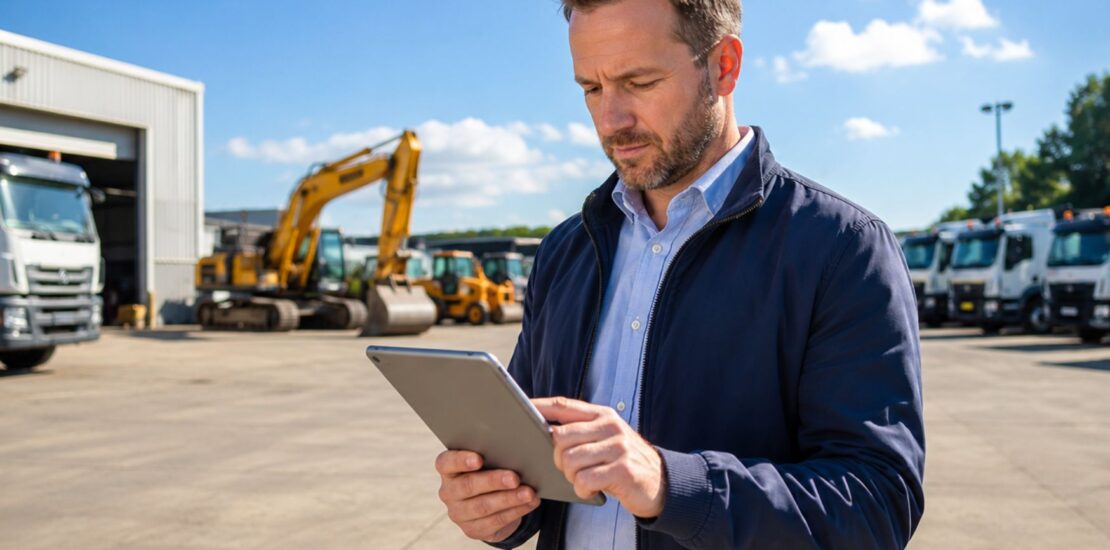 UK business owner reviewing plans beside commercial vehicles and equipment on a sunny summer morning, preparing for future business growth with new assets.