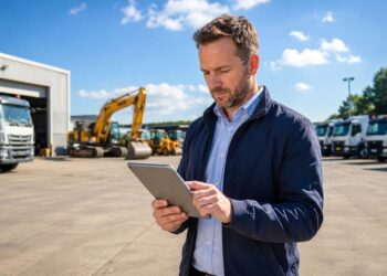 UK business owner reviewing plans beside commercial vehicles and equipment on a sunny summer morning, preparing for future business growth with new assets.